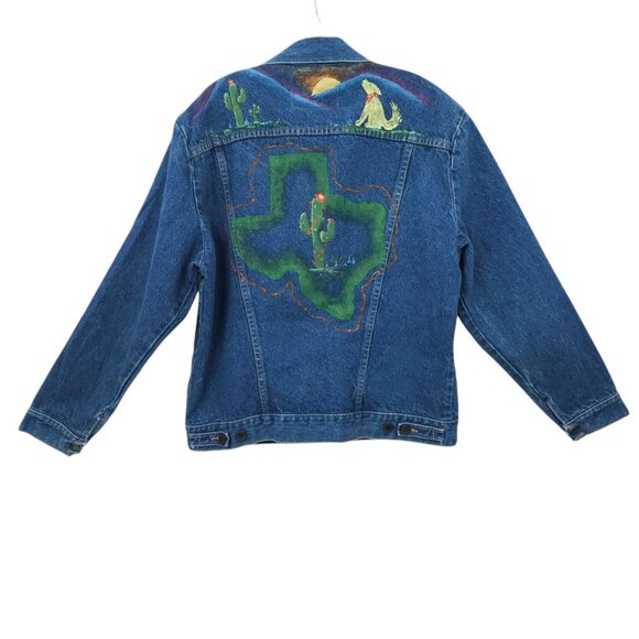 Wrangler Western Denim Jacket Womens Size L DIY Hand Painted Texas Cactus Boot - Picture 2 of 16